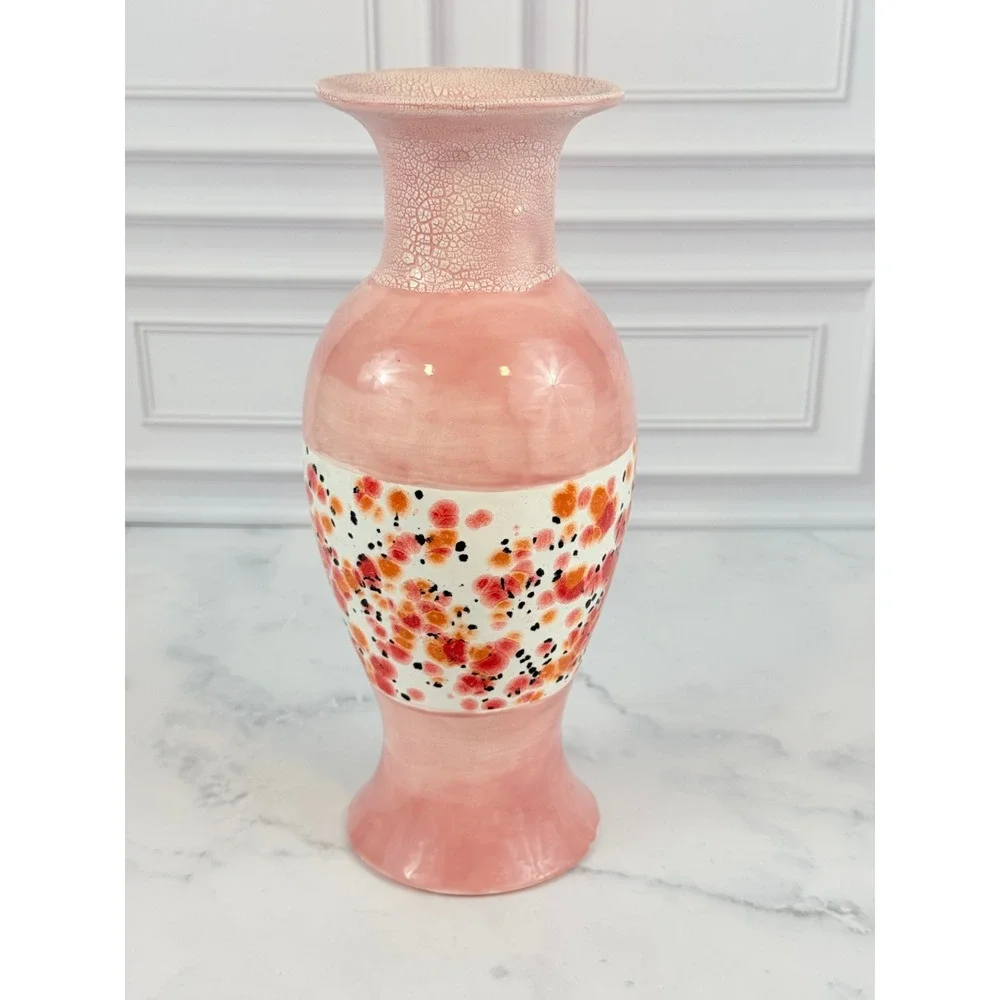 Pink Floral Ceramic Baluster Studio Pottery Vase Artist Signed 9.5